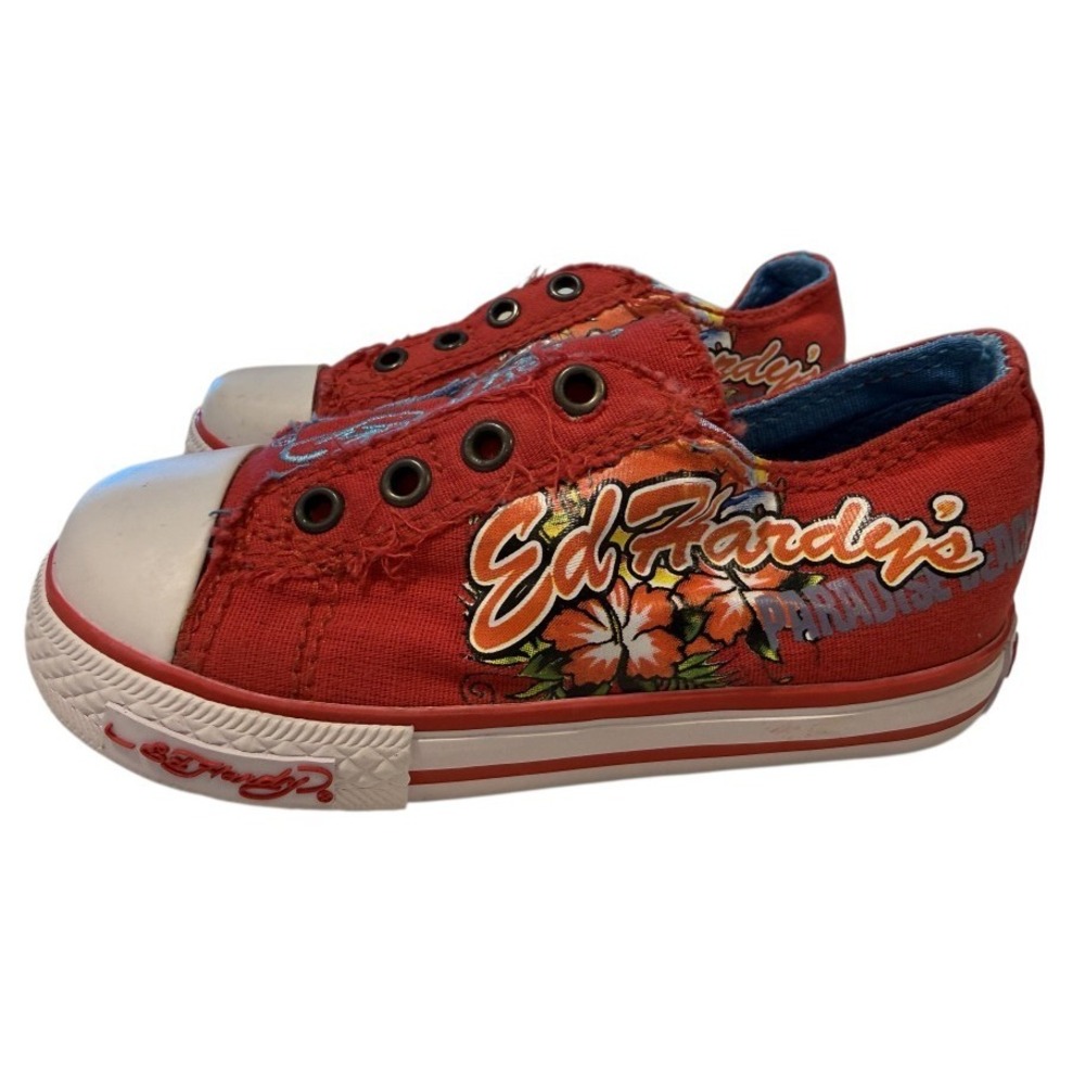 Ed Hardy Kids 1976 Floral Graphic Low Top Canvas Sneakers Red US 7